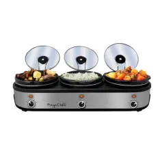 MegaChef Brushed Silver & Black Finish Triple 2.5qt. Slow Cooker & Buffet Server With 3 Ceramic Cooking Pots & Removable Lid Rests