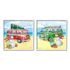 Stupell Industries Coastal Christmas Holiday Beach Snowmen 2 Piece Framed Giclee Art Set White