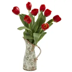 19" Tulip Arrangement in Floral Pitcher Red