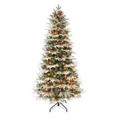 6.5ft. Pre-Lit Flocked Slim Halifax Fir Artificial Christmas Tree with Red Berries & Pinecones, Clear Lights