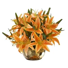 14" Lily Arrangement in Gold Vase Orange