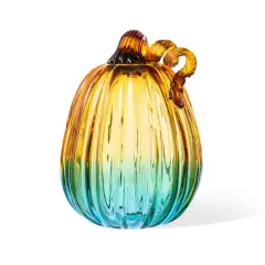 Glitzhome&reg; 7" Gradient Turquoise Glass Pumpkin