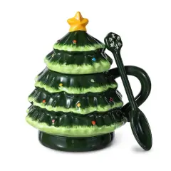 Glitzhome&reg; 6.5" Christmas Ceramic Tree Mug with Lid and Spoon