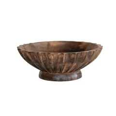 Hello Honey&reg; 9.5" Burnt Finish Hand-Carved Mango Wood Footed Bowl with Scalloped Edge