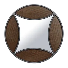 32" Brown Wood Industrial Round Wall Mirror