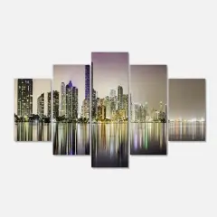 Designart - Miami Downtown Night Panorama - Purple - Extra Large Canvas Art Print