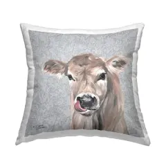 Stupell Industries Baby Calf Cow Portrait Botanical Blossom Pattern Throw Pillow, 18" x 18"