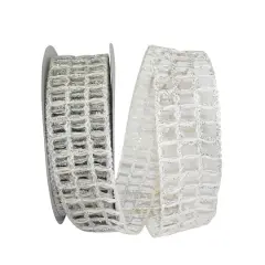 JAM Paper 2.5" x 20yd. Grand Jute Box Sparkle Wired Mesh Ribbon Ivory/Silver