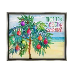 Stupell Industries Merry Beachy Christmas Holiday Palm Gold Framed Floater Canvas Wall Art Gray