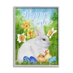 Stupell Industries Happy Easter Spring Bunny Rabbit Phrase Baby Chicks Framed Giclee Art Gray
