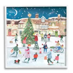 Stupell Industries Christmas Tree Town Scene Framed Giclee Art White