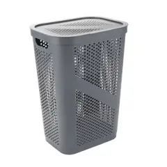 Mind Reader 60L Perforated Plastic Laundry Hamper with Lid Gray