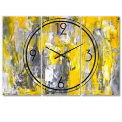 Designart Gray & Yellow Abstract Pattern Modern 3 Panel Wall Clock