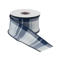 2.5" x 5yd. Navy Blue & White Wired Plaid Cotton Ribbon, 2ct.