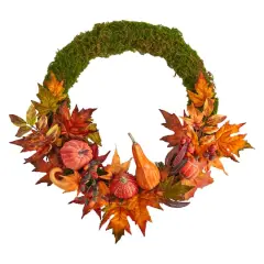 20" LED Autumn Pumpkin, Gourd & Fall Maple Leaf Wreath