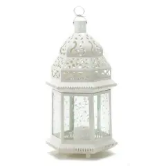 15" White Metal Moroccan Style Hanging Candle Lantern with Etched Floral