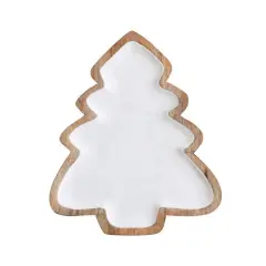 Hello Honey&reg; 14.5" White & Natural Enameled Mango Wood Christmas Tree Shaped Tray