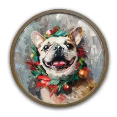 Painterly Holiday Frenchie 20" x 20" Round Brown Framed Print