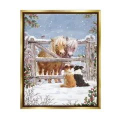 Stupell Industries Ponies & Dogs Winter Farm Scene Framed Floater Canvas Wall Art Gold