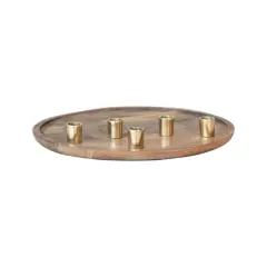 Hello Honey&reg; 15.5" Decorative Natural & Gold Finish Mango Wood & Aluminum Tray Taper Candleholder