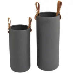 Black Ceramic Vase with Faux Leather Handles Set
