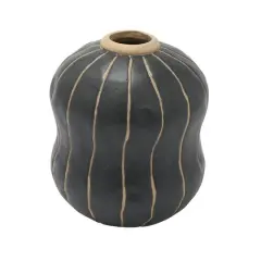 Hello Honey&reg; 6" Black & Cream Stoneware Vase with Wax Relief Stripes