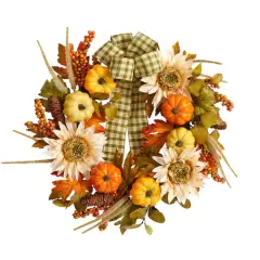 24" Pumpkin, Sunflower Artificial Autumn Wreath With Decorative Ribbon