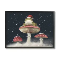 Stupell Industries Frog In Santa Hat Snowy Mushrooms Framed Giclee Art Black