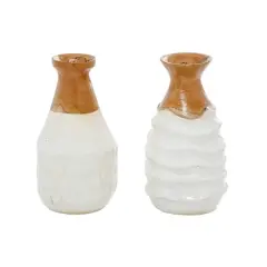 Set of 2 White Teak Wood Coastal Style Vase 6", 10"