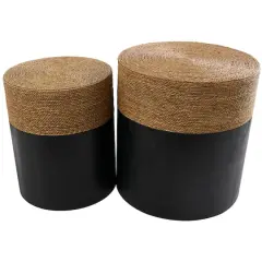 Black Wood Handmade Colorblock Wrapped Accent Table with Dried Plant Tabletops Set