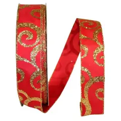 JAM Paper 1.5" x 50yd. Red & Gold Scroll Wired Glitter Ribbon