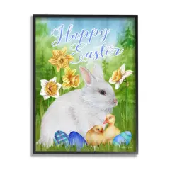 Stupell Industries Happy Easter Spring Bunny Rabbit Phrase Baby Chicks Framed Giclee Art Black