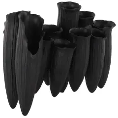 13.25" Black Ceramic Abstract Floral Inspired Decorative Vase with Linear Grooves & 10 Openings