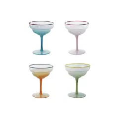 Hello Honey 4-Piece Fluted Stemmed Coupe Glass with Colored Rim, Multicolor