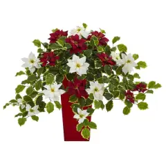 23&rdquo; Poinsettia & Variegated Holly Artificial Plant in Red Decorative Planter