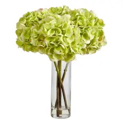 18" Green Hydrangea Arrangement in Glass Vase