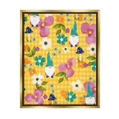 Stupell Industries Yellow Tartan Patterned Spring Gnomes Mushrooms Floater Framed Art Gold