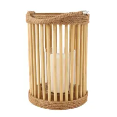 13" Brown Bamboo Handmade Open Framed Caged Candle Lantern with Rope Handle