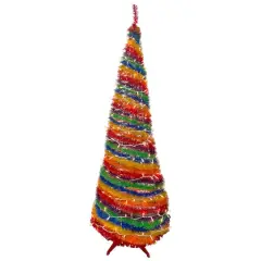 6ft. Pre-Lit Rainbow Tinsel Pop-Up Artificial Christmas Tree, Clear Lights