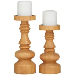 Brown Wood Round Turned Style Pillar Candle Holder Set