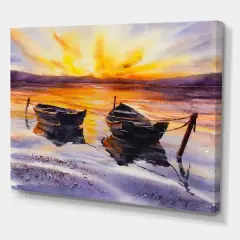 Designart - Sunset and Two Small Boats Parking On The Shore - Lake House Canvas Wall Art Print