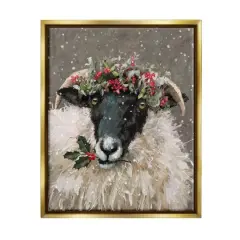Stupell Industries Holiday Berries Farmhouse Sheep Framed Floater Canvas Wall Art Gold