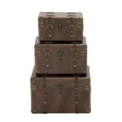 Set of 3" Brown Leather Traditional Trunk, 18", 16", 13"