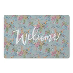 Welcome Butterfly Bird Floral Floor Mat Blue
