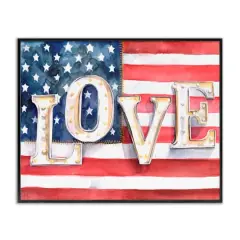 Stupell Industries Vintage Love Text Over Stitched American Flag Framed Giclee Art Black