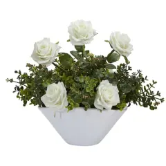 16" Roses and Eucalyptus Artificial Arrangement in White Vase