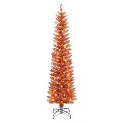 6ft. Pre-Lit Orange Tinsel Artificial Christmas Tree, Clear Lights