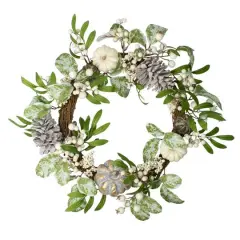 20" White Pumpkin, Berries & Leaves Twig Wreath