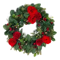 Village Lighting 30" LED Red Peonies & Berry Wreath