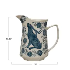 Hello Honey&reg; 10" Blue & Cream Painted Rabbit & Florals Stoneware Pitcher
